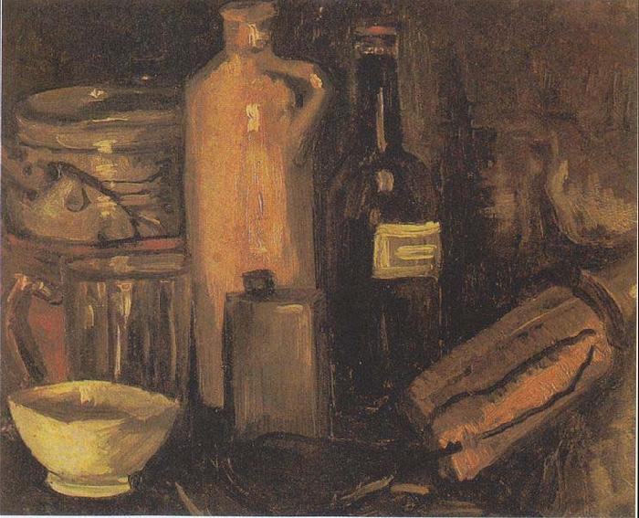 Vincent Van Gogh Still-life with earthenware, glass of beer and bottles oil painting image